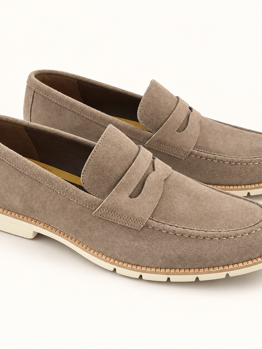 Cole Haan Taupe Suede Penny Loafers with Ivory Outsole new in box size 12